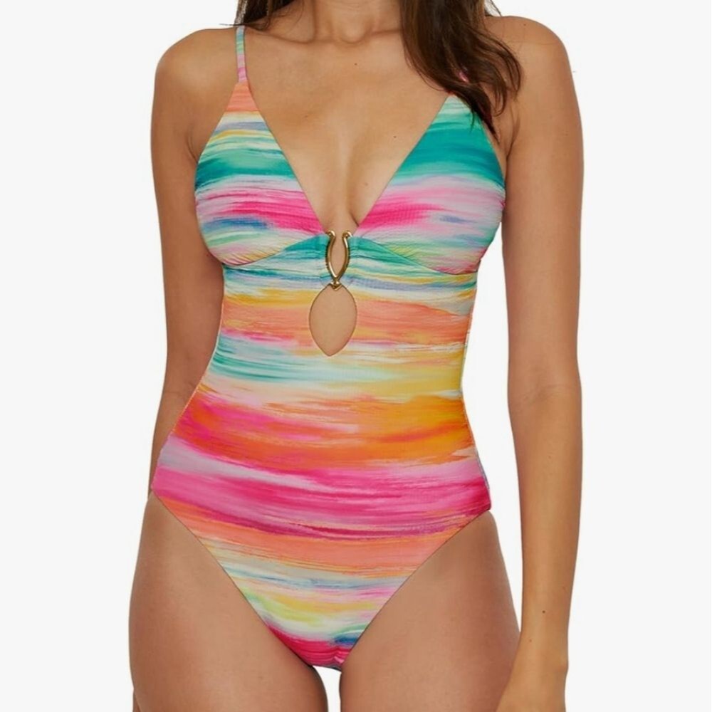 NWT Becca Colorful Paint Brush Watercolor Tie Dye One Piece Swimsuit - Size M